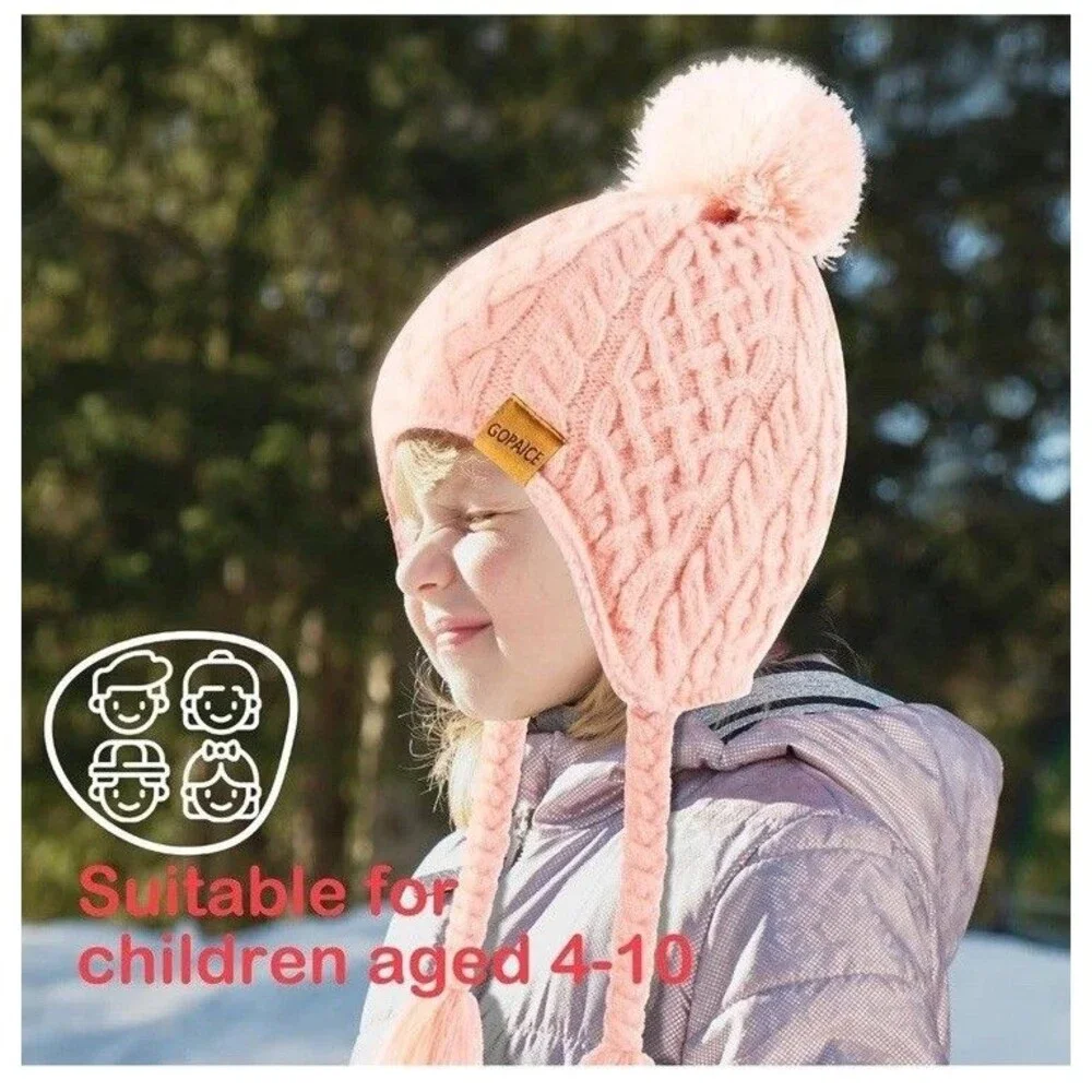 Boys Girls Beanie Hat Fleece Lined Knit Kids Hat with Ear 4-10 Years Black